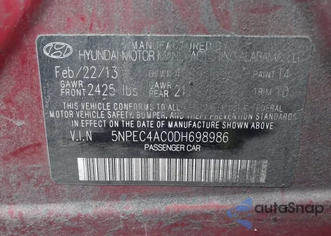 2013 Hyundai Sonata Limited z USA, uszkodzony, nr VIN 5NPEC4AC0DH698986